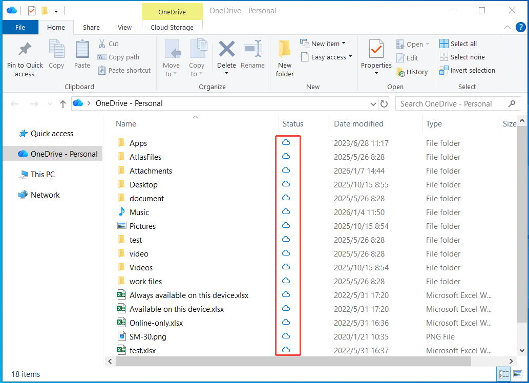 OneDrive - پوشه شخصی در File Explorer که فایل‌هایی را نشان می‌دهد که فقط به‌عنوان آنلاین علامت‌گذاری شده‌اند و نمادهای ابری در ستون وضعیت برجسته شده‌اند.