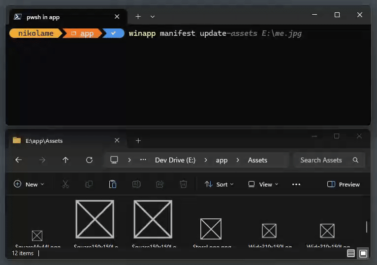 یک ویدیو/گیف از فرمان update-assets مانیفست winapp که داراییهای موجود را از یک تصویر بهروزرسانی میکند.