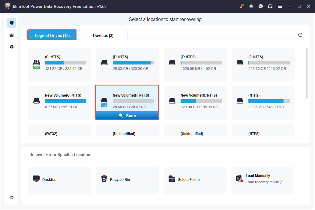 رابط MiniTool Power Data Recovery که پارتیشن های شناسایی شده را با دکمه اسکن و درایوهای منطقی انتخاب شده نشان می دهد.