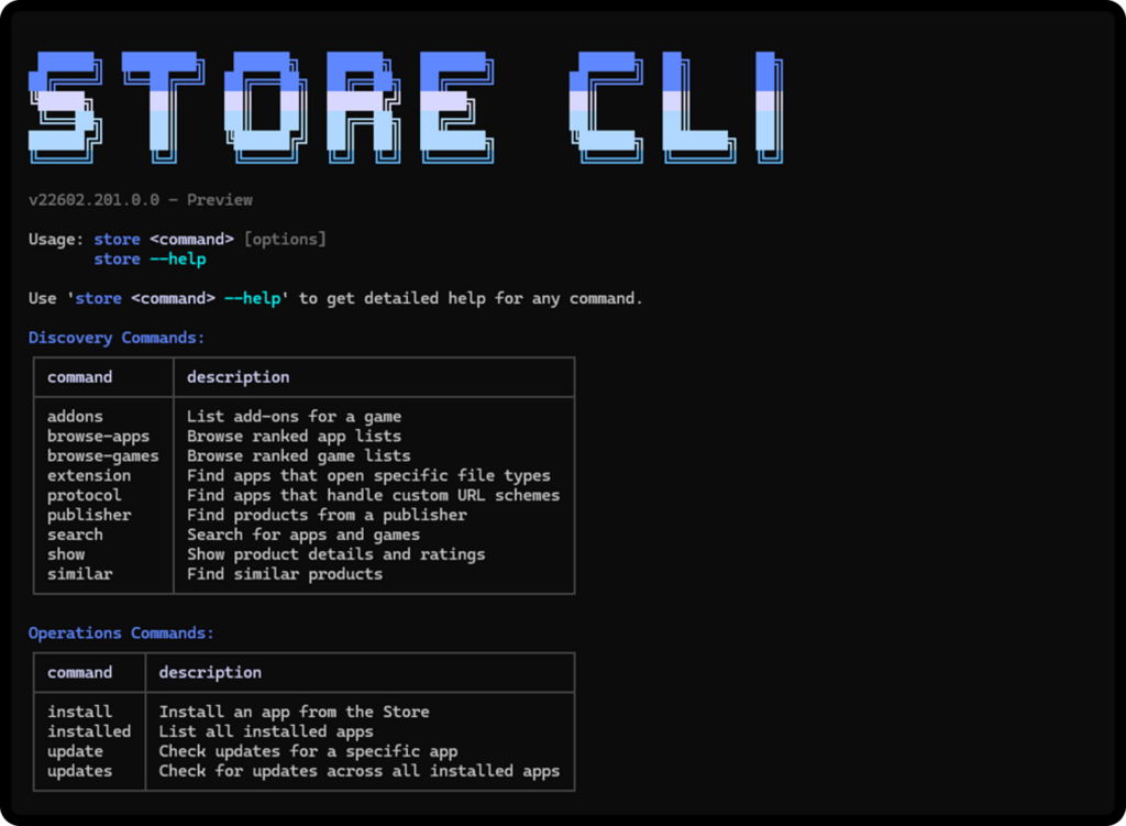 پنجره ترمینال که مایکروسافت استور CLI را با دستورات مثال نشان می دهد.